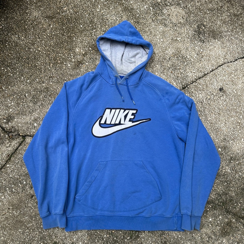 Vintage Nike Pullover Hoodie Blue Embroidered Spellout Logo Swoosh Mens XL